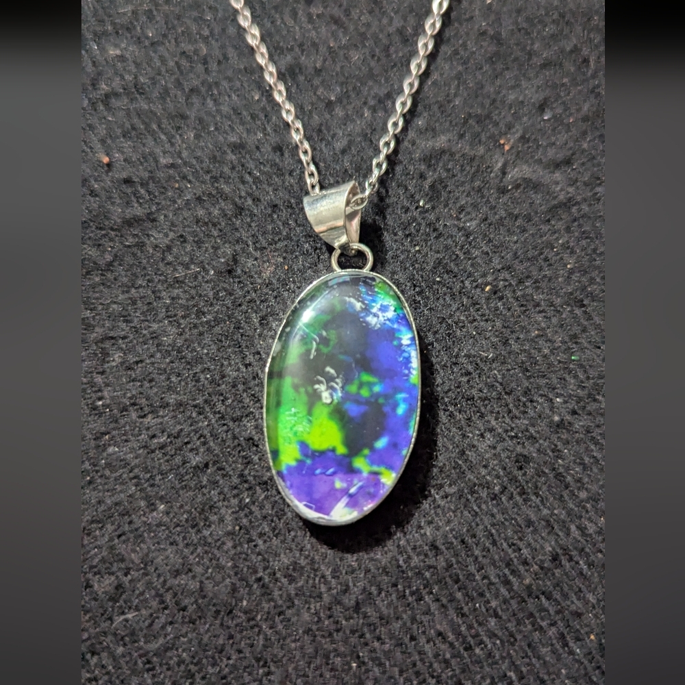 Silver Plated Blue And Green Swirl Oval Pendant Statement Necklace